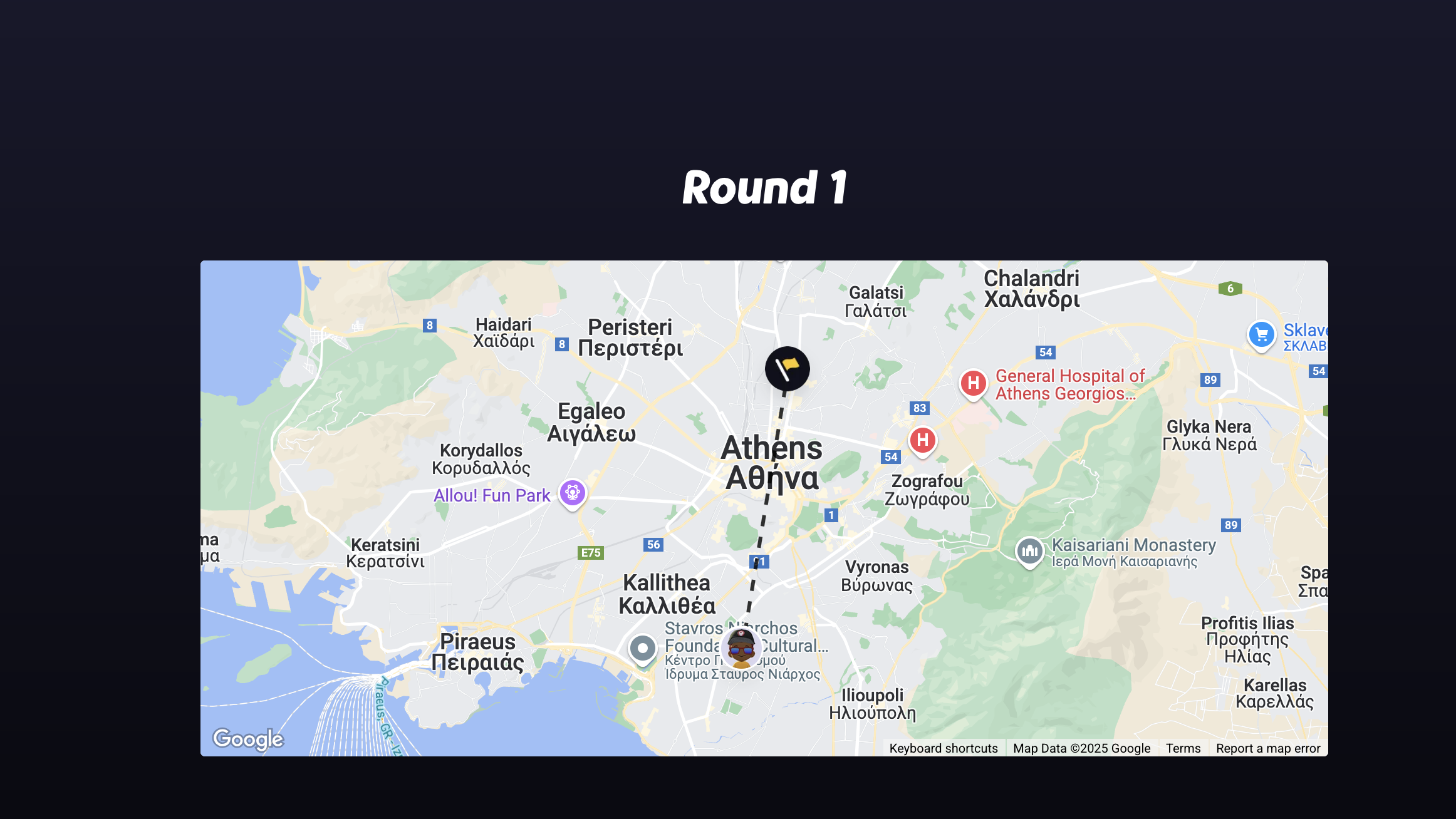 GeoGuessr results page. Round 1 map. Athens.