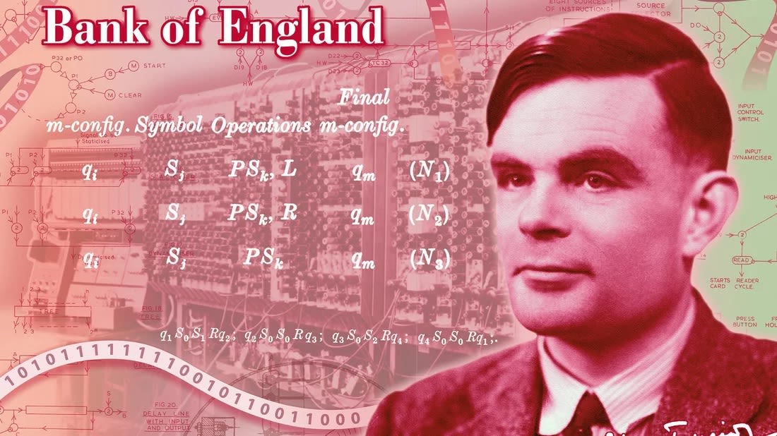 Peach-colored bank note from the Bank of England with the face of Alan Turing, a picture of an early computer, a Turing tape of 0s and 1s, and mathematical symbols. 