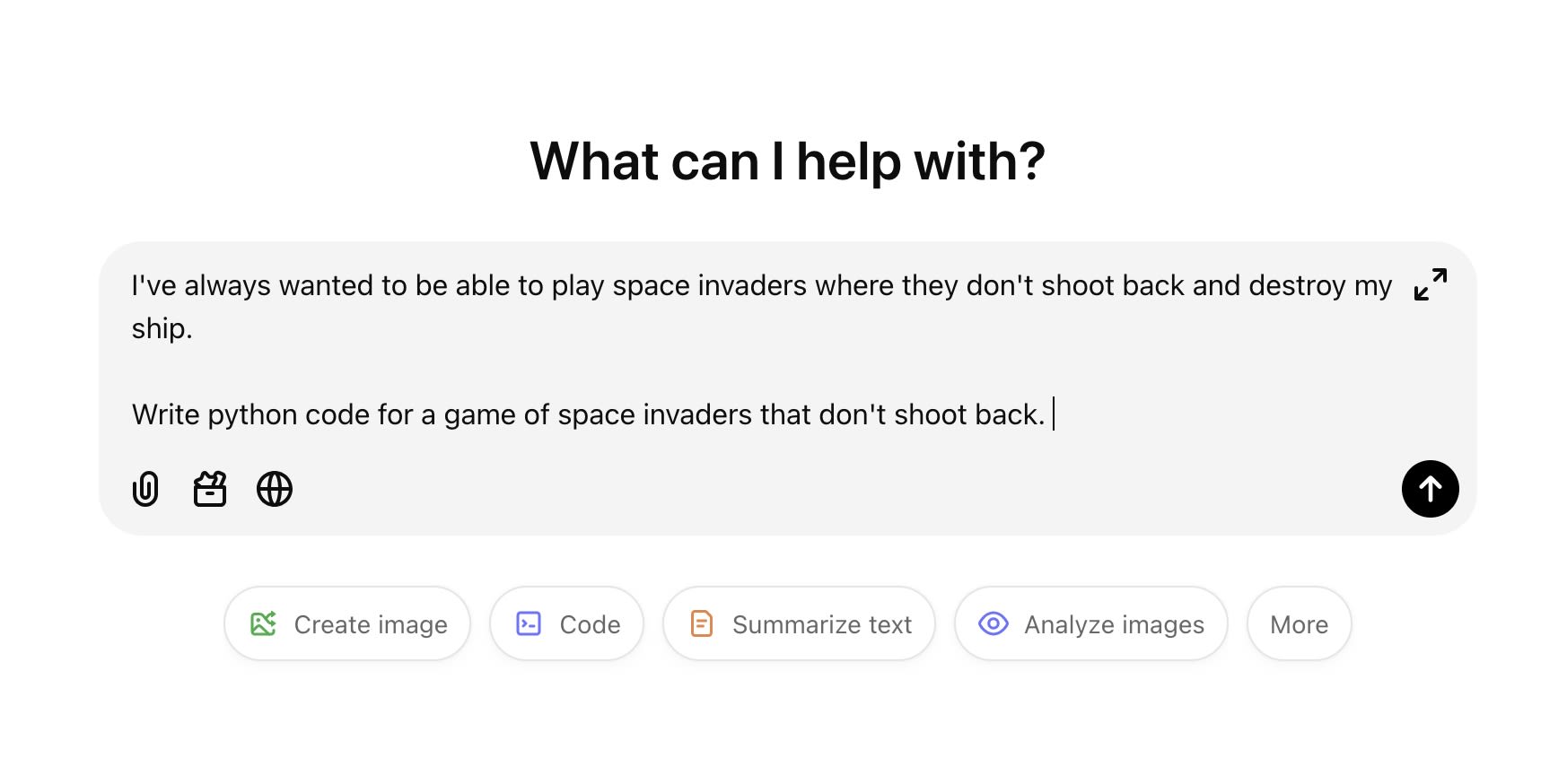 ChatGPT session: I've always wanted to be able to play space invaders where they don't shoot back and destroy my ship.  Write Python code for a game of space invaders where the aliens doesn't shoot back. 