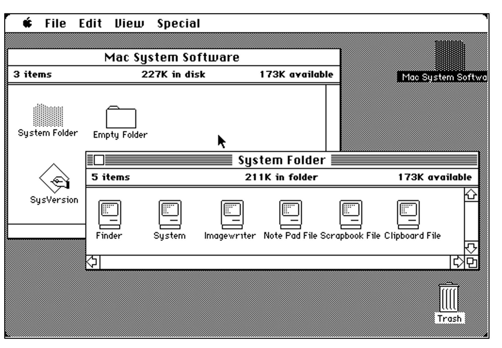 Black-and-white computer desktop with two folders, trash can, and top menu bar