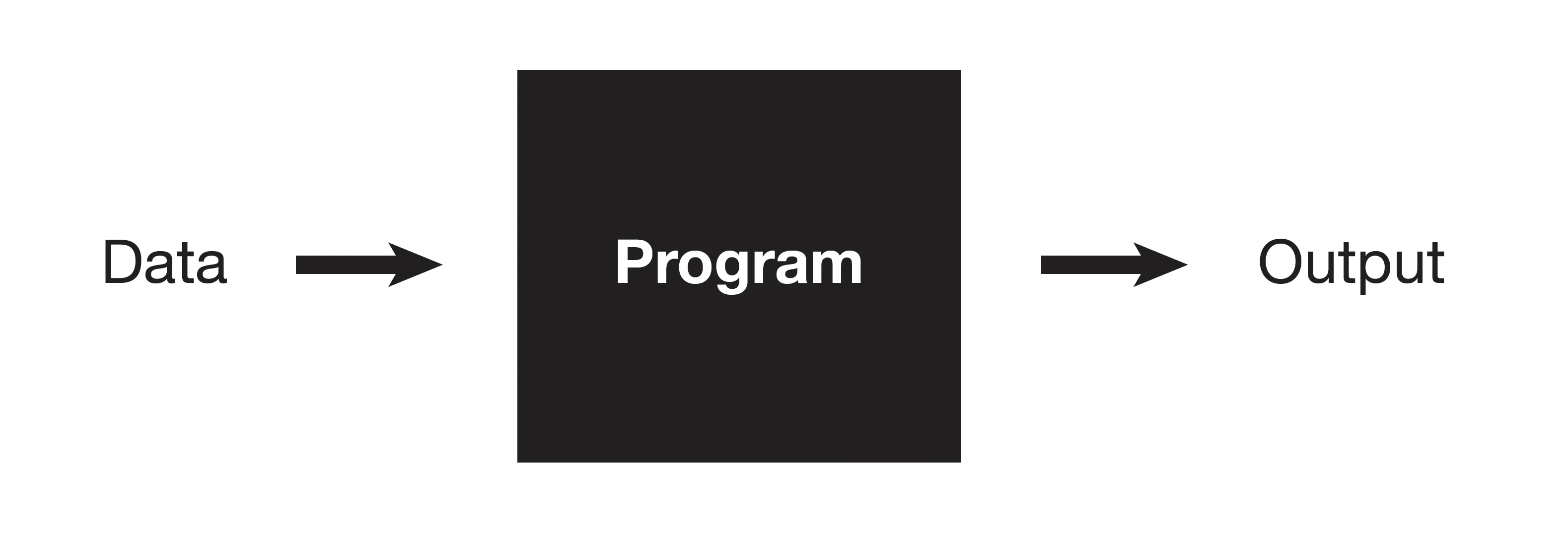 Diagram: At left, the word "Data", with an arrow pointing right to a black box in the center labeled "Program". From that black box, a second arrow points right to the word "Output".