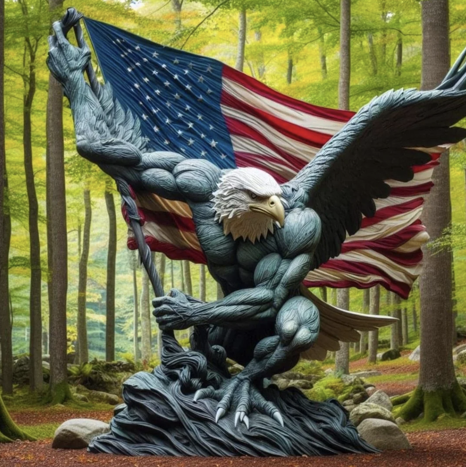 AI image of a bizarre statue of a person with an eagle's head waving an American flag in a forest.