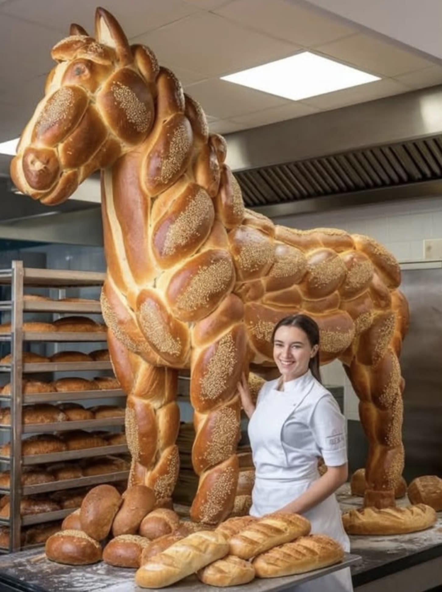AI image of a person standing next to a horse made out of loaves of bread.