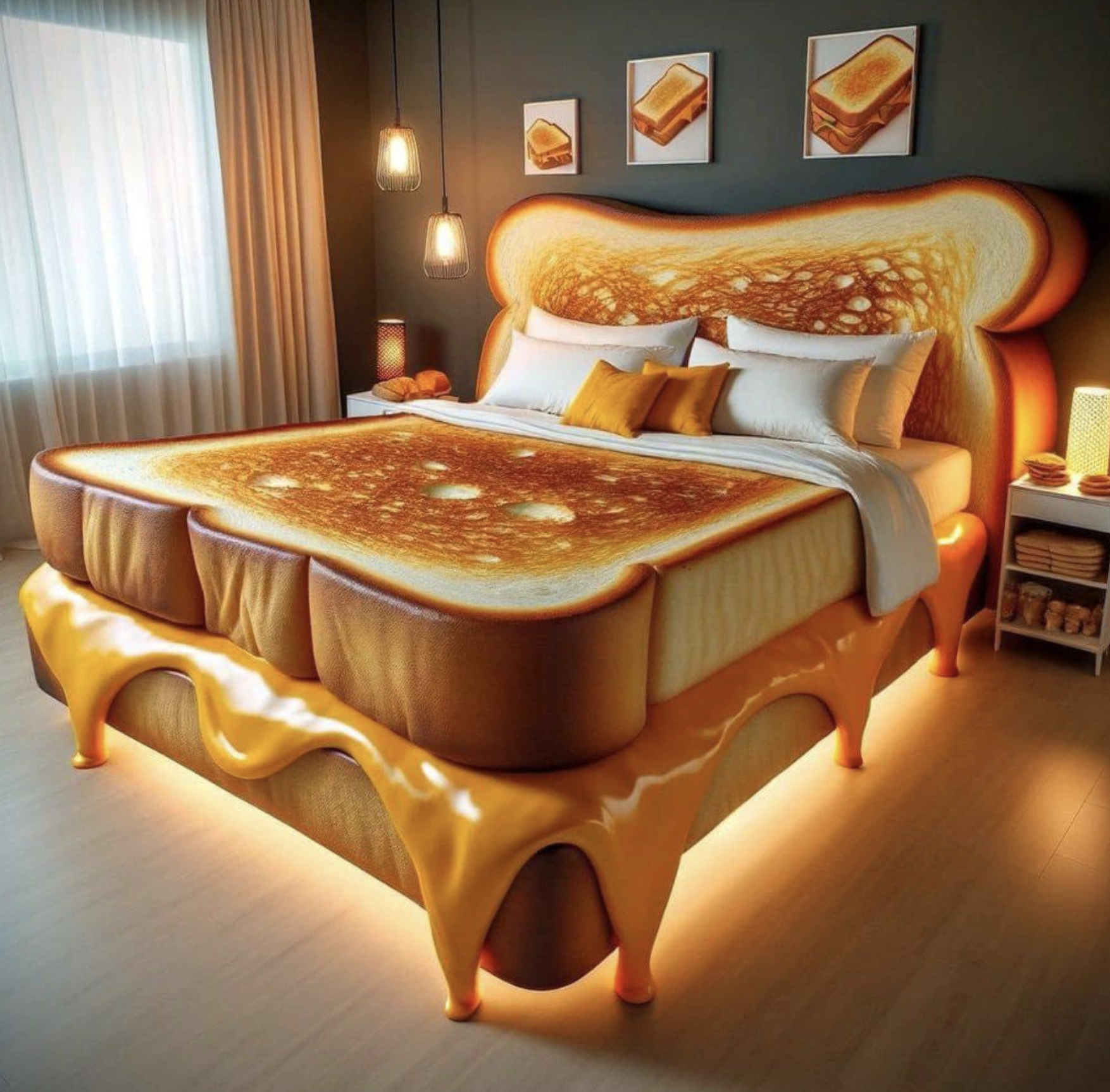 AI image of a bed made, improbably, out of grilled cheese.