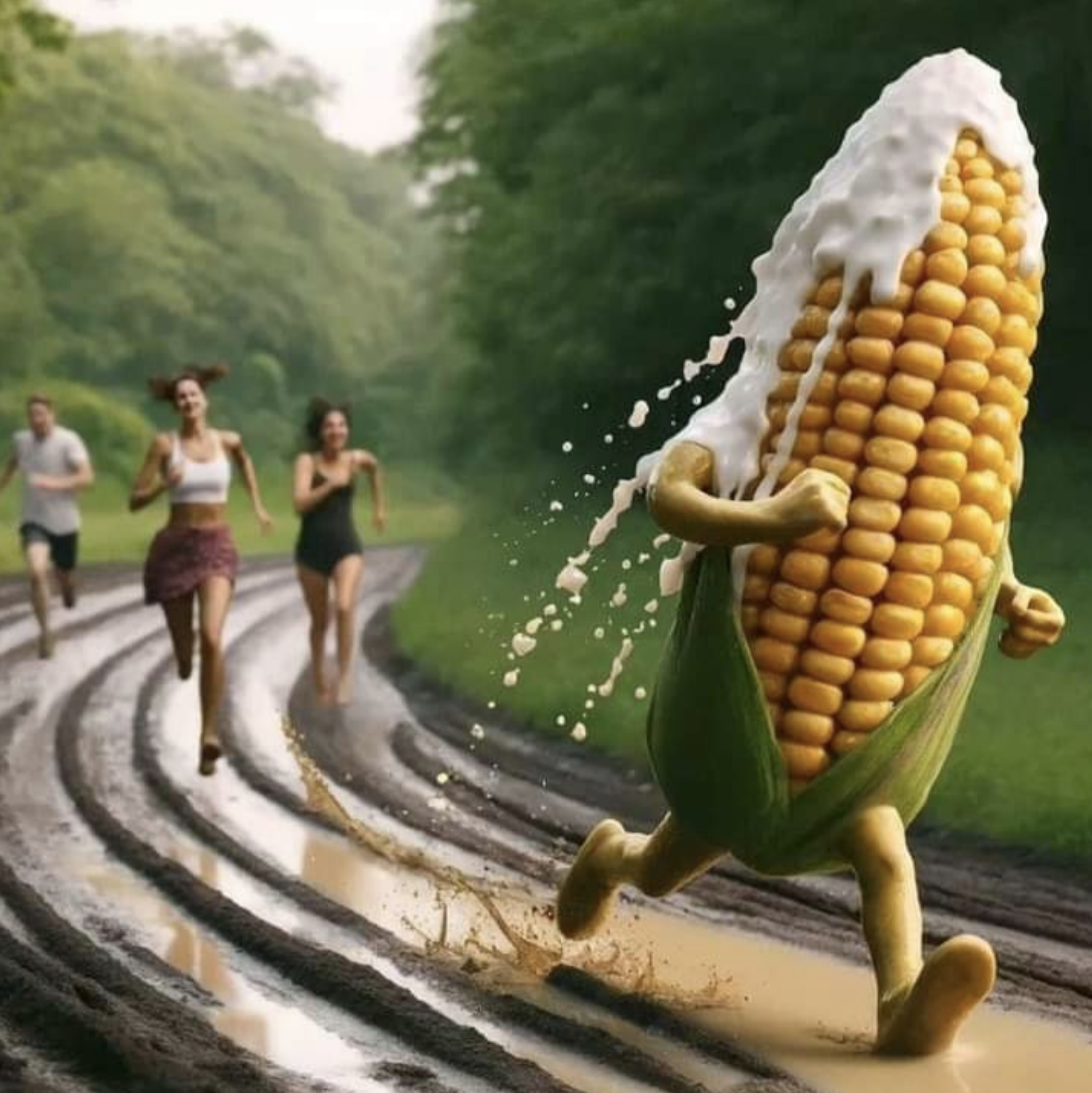 AI art of an ear of corn running in a race against people.