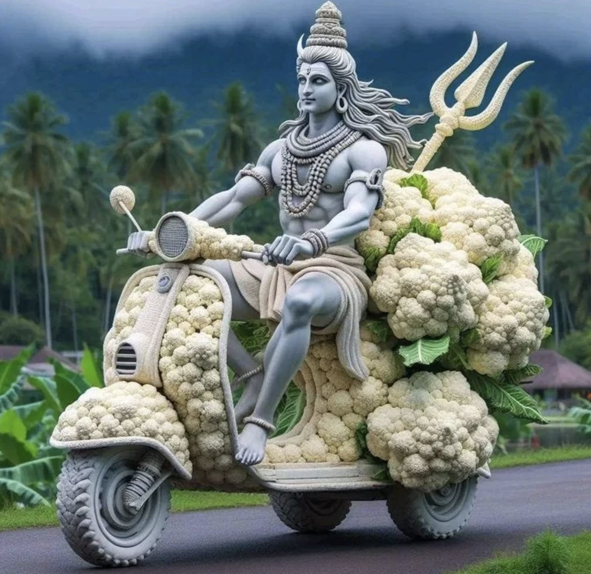 AI image of Shiva (?) riding a motor scooter made of cauliflower.